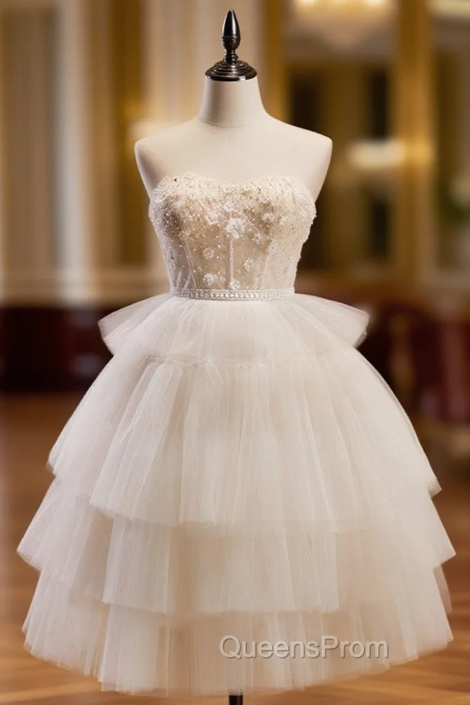 Beige Sweetheart Neck Tulle Puffy Short Evening Prom Dress, Beige Homecoming Dress Main image
