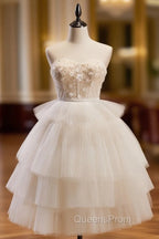 Beige Sweetheart Neck Tulle Puffy Short Evening Prom Dress, Beige Homecoming Dress