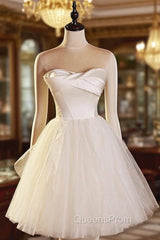 Beige Tulle Satin Strapless Pleats Homecoming Dress