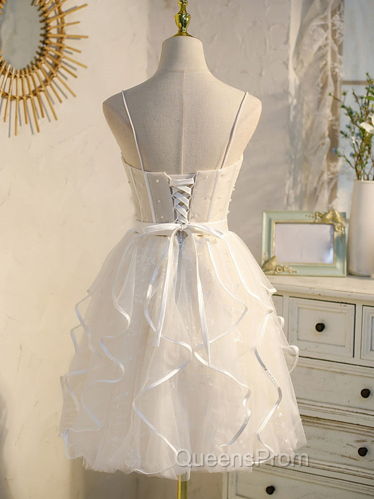 Beige Tulle Short Evening Prom Dress, Mini/Short Beige Homecoming Dress
