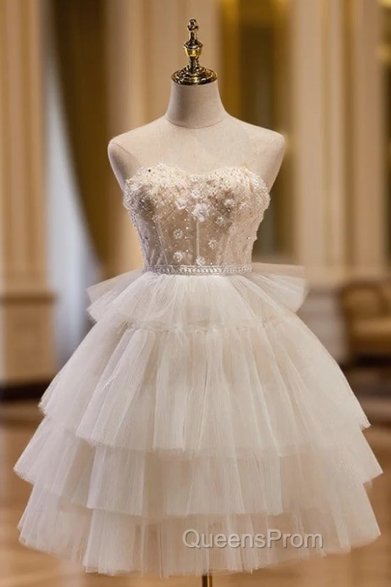 Beige Tulle Sweetheart Beading Flower Homecoming Dress Main image