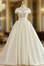 Beige White Ball Gown Satin Appliques Bateau Neck Wedding Dress