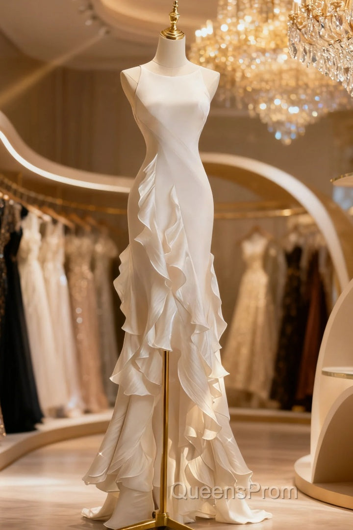 Beige White Sheath Halter Backless Wedding Dress Main image