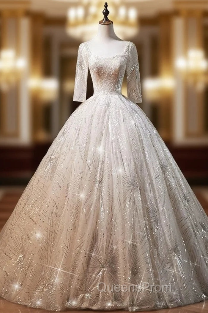 Beige White Tulle Sequins Bling Bling Half Sleeve Backless Wedding Dress Main image