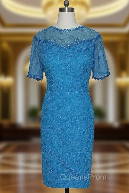 Best Blue Lace Short Evening Dress Short Sleeves Mother of the Bride Dress Main image