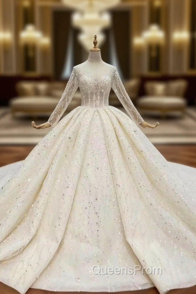 Best Discount And High Quality Light Champagne Tulle Sequins Long Sleeve Beading Wedding Dress Main image