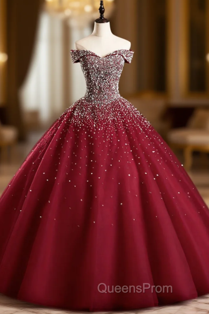 Best For You Burgundy Ball Gown Tulle Off the Shoulder Beading Sequins Quinceanera Dress Main image