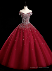 Best For You Burgundy Ball Gown Tulle Off the Shoulder Beading Sequins Quinceanera Dress