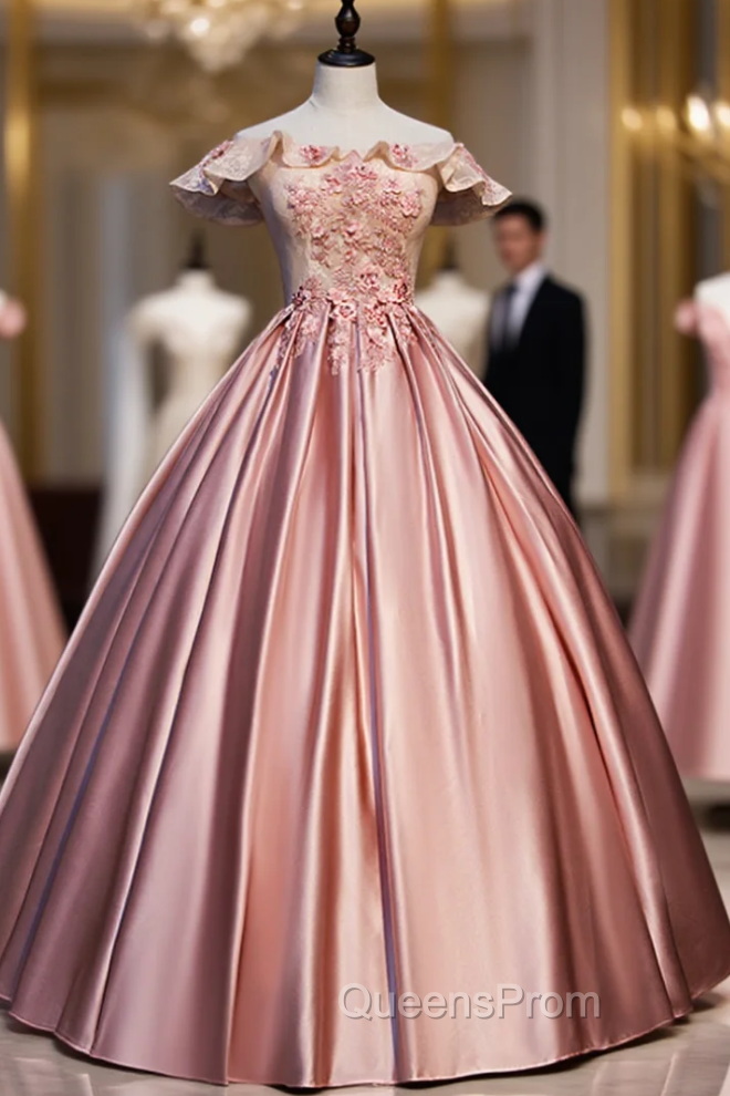 Best For You Pink Ball Gown Satin Off the Shoulder Appliques Beading Quinceanera Dress