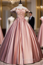 Best For You Pink Ball Gown Satin Off the Shoulder Appliques Beading Quinceanera Dress