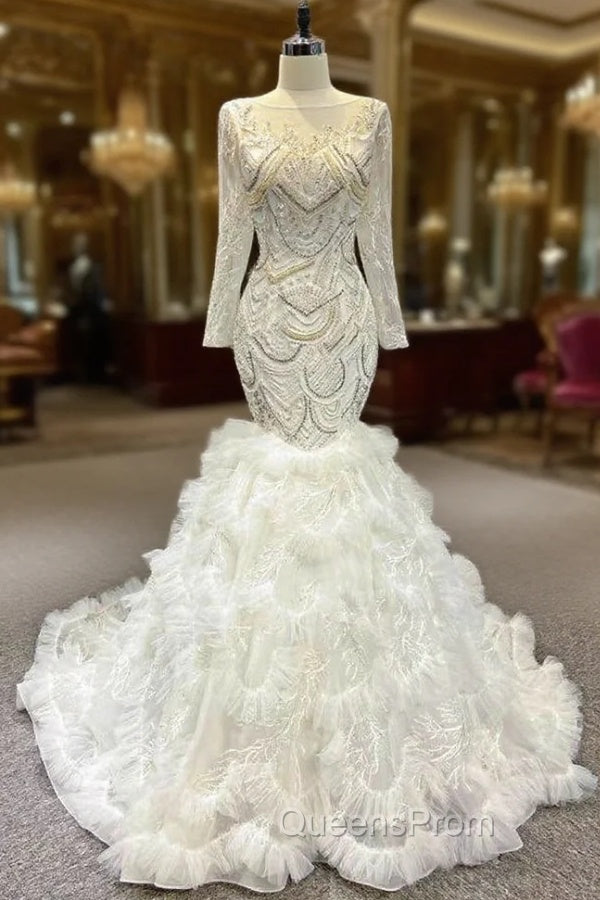 Best For You White Mermaid Tulle Beading Long Sleeve Wedding Dress Main image
