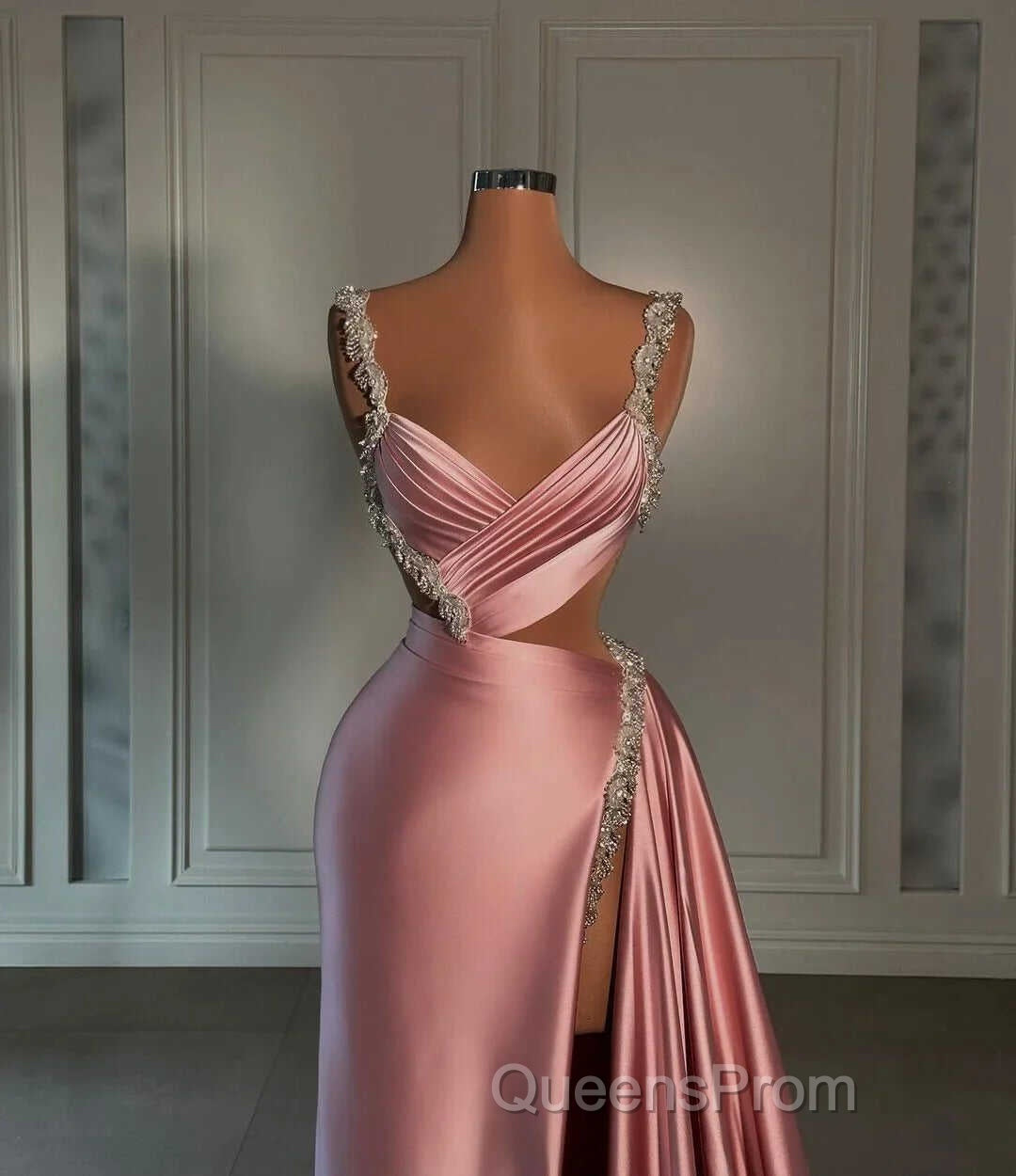 Glamorous Pink Evening Prom Dress Sweetheart Spaghetti Strap With High Slit Trail