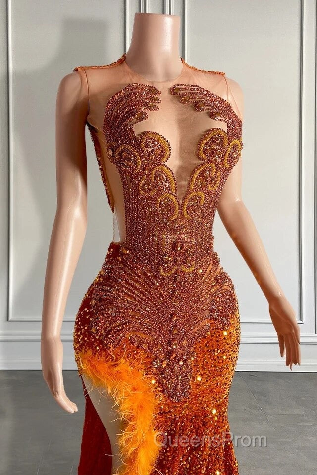 Mermaid Style Burnt Orange Sequins Evening Prom Dress with Side Slit Long Length Beadings and Feathers Secondary image