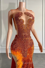 Mermaid Style Burnt Orange Sequins Evening Prom Dress with Side Slit Long Length Beadings and Feathers