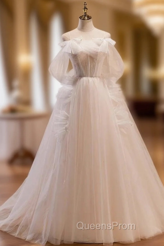 Biege Tulle Spahetti Straps Backless Pleats Wedding Dress