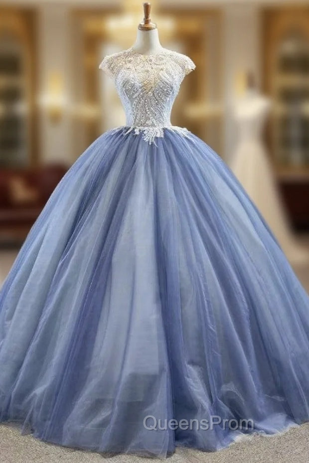 Biggest Sale Blue Ball Gown Tulle Cap Seeve Beading Long Evening Prom Dress Main image