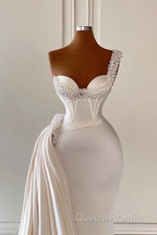 Biztunnel Charming Long Sweetheart One Shoulder Mermaid Evening Prom Dress with Ruffles