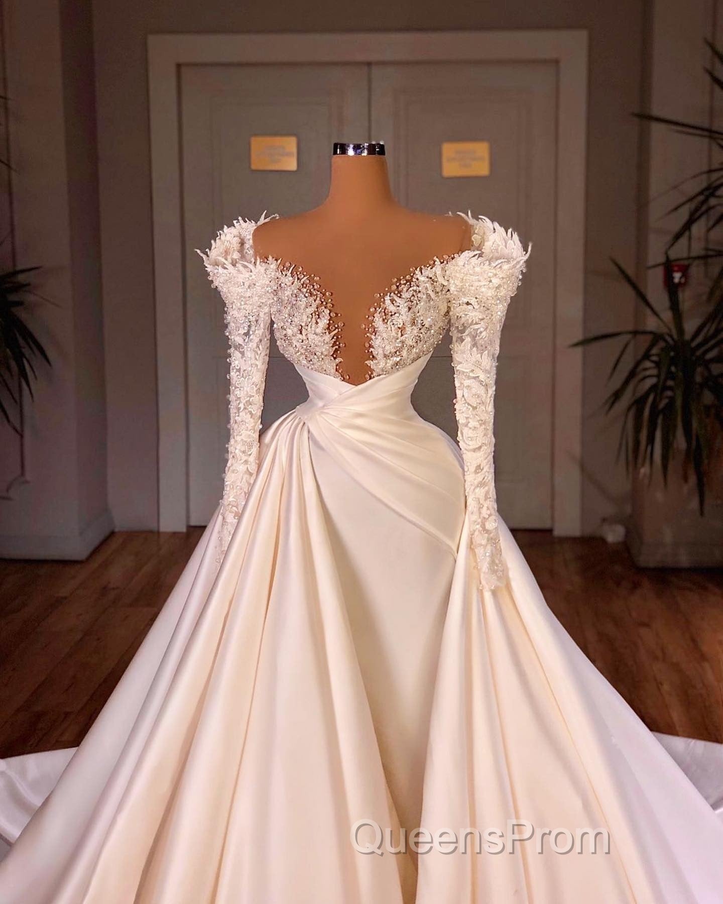 Biztunnel Long Mermaid V-neck Satin Lace Wedding Dress with Sleeves