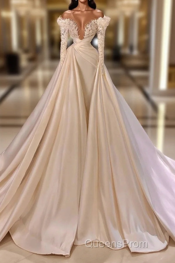 Biztunnel Long Mermaid V-neck Satin Lace Wedding Dress with Sleeves