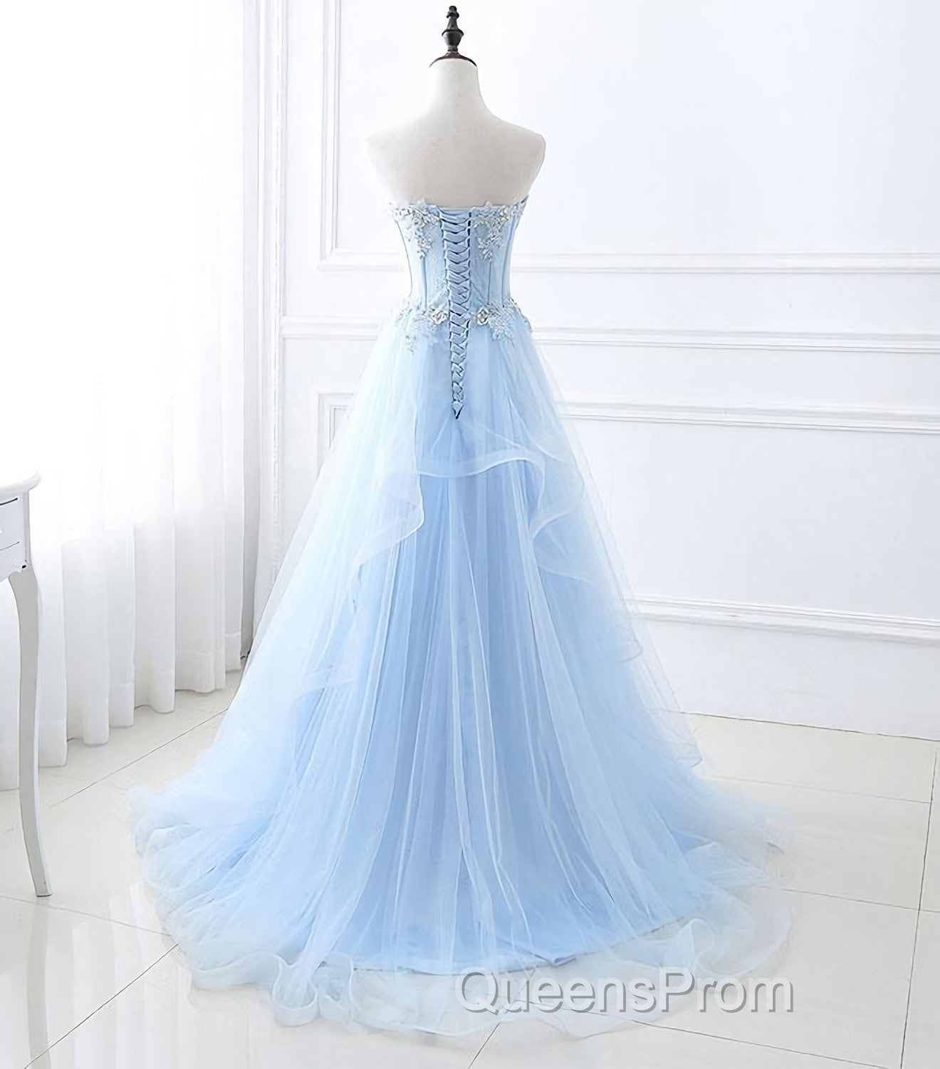 Light Blue Tulle Lace Long Evening Prom Dress, Formal Dress