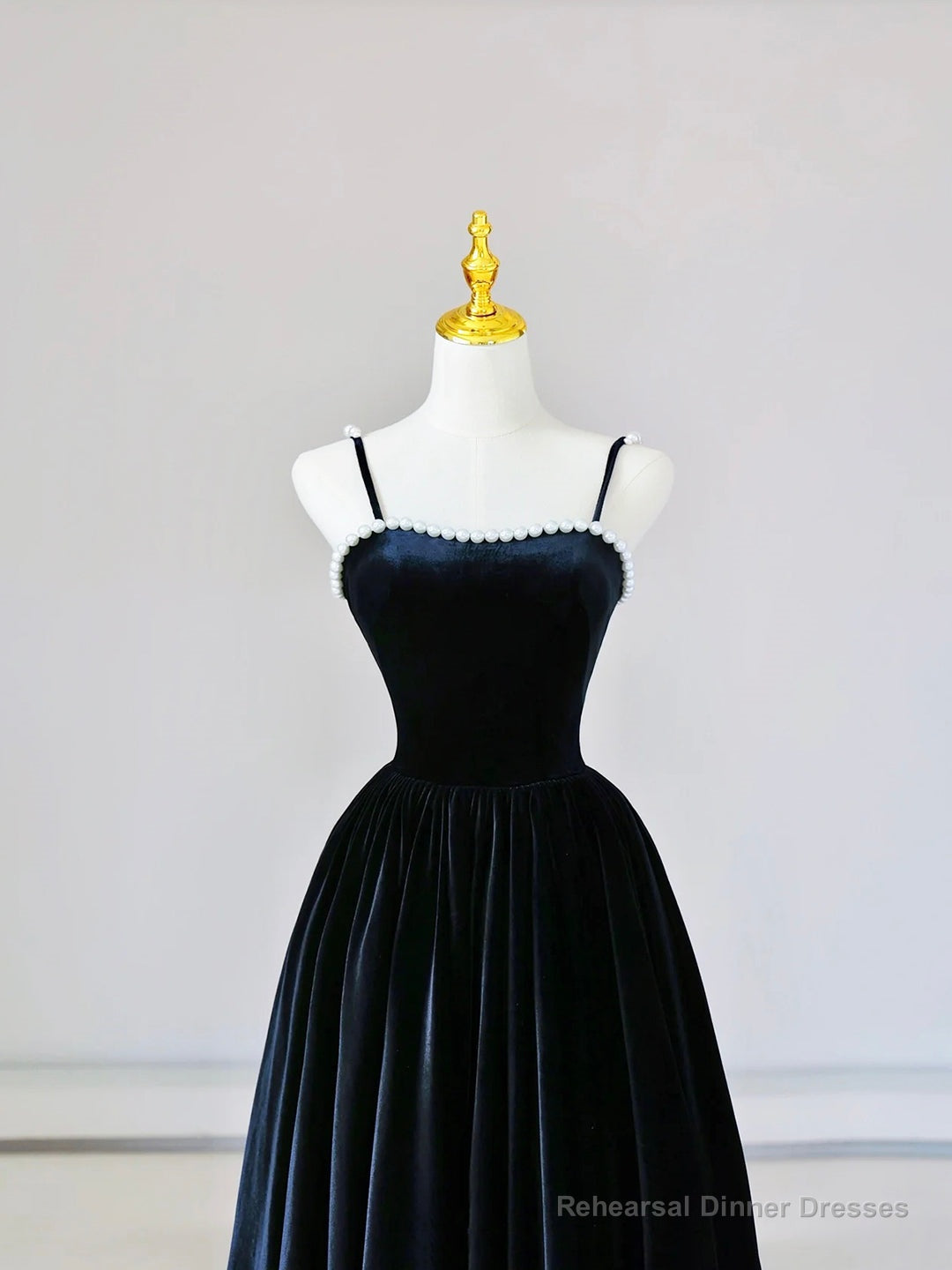 Spaghetti Strap Velvet Long Prom Dress with Pearls, Black Evening Dress Party Dress Secondary image
