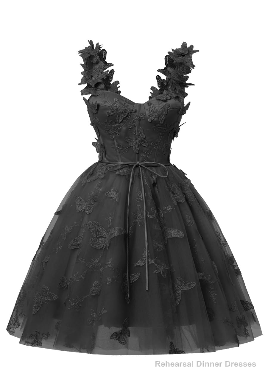 Black 3D Butterfly Lace Applique Tulle Homecoming Dress for Teens Sweetheart Mini Short Prom Dresses Main image