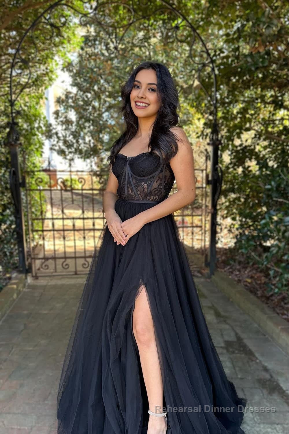 Black A-Line Corset Long Prom Dress with Slit Main image