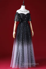 Black A-Line Gradient Tulle Short Sleeves Evening Prom Dress, Black Long Evening Dress