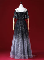 Black A-Line Gradient Tulle Short Sleeves Evening Prom Dress, Black Long Evening Dress