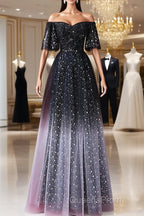 Black A-Line Gradient Tulle Short Sleeves Evening Prom Dress, Black Long Evening Dress