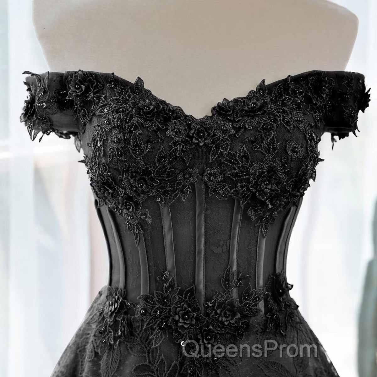 Black A-Line Lace Off Shoulder Tulle With Lace Evening Prom Dress, Black Long Evening Dress Secondary image