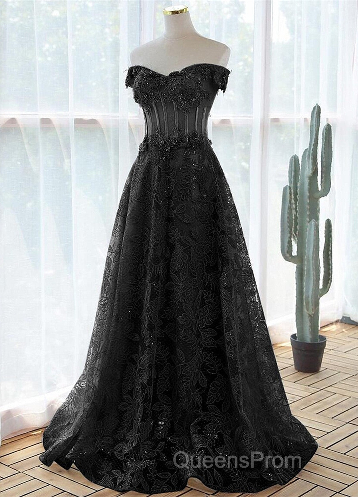 Black A-Line Lace Off Shoulder Tulle With Lace Evening Prom Dress, Black Long Evening Dress