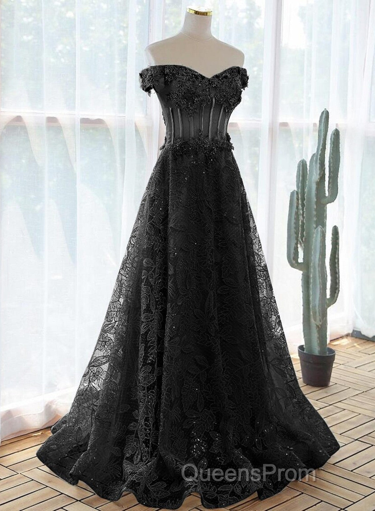 Black A-Line Lace Off Shoulder Tulle With Lace Evening Prom Dress, Black Long Evening Dress