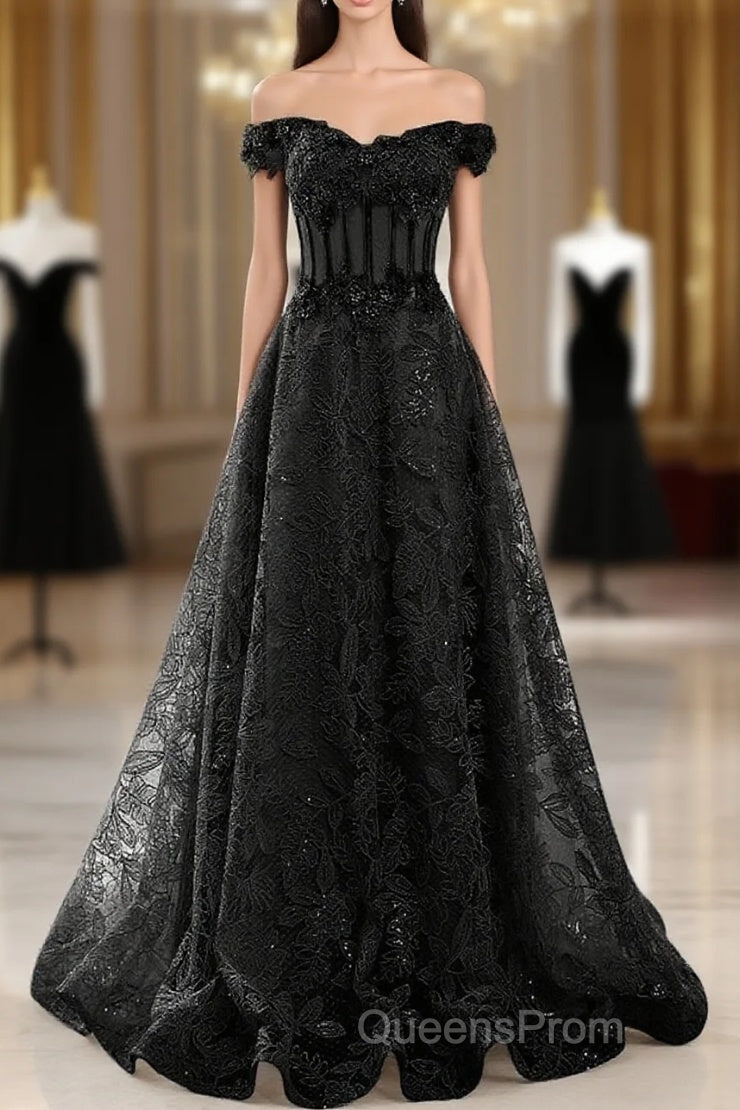 Black A-Line Lace Off Shoulder Tulle With Lace Evening Prom Dress, Black Long Evening Dress Main image