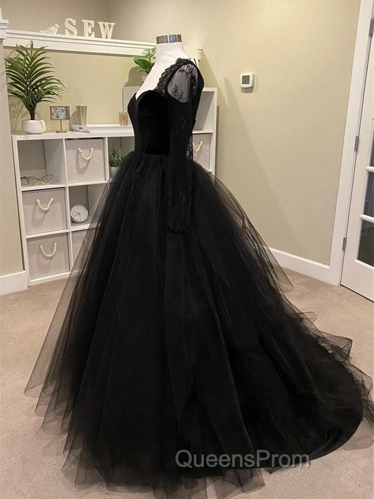 Black A-line Long Lace Sleeves Tulle Evening Dress, Black Evening Prom Dress Party Dress Secondary image