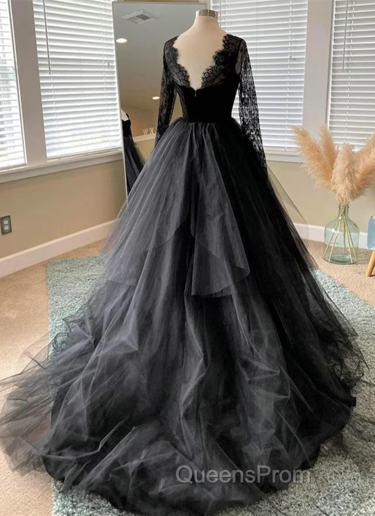 Black A-line Long Lace Sleeves Tulle Evening Dress, Black Evening Prom Dress Party Dress