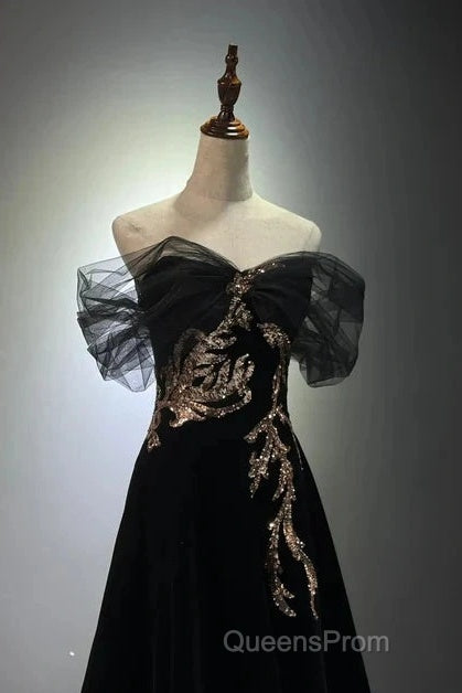 Black A-Line Off Shoulder Tulle Velvet Long Evening Prom Dress,Sequin Formal Evening Dress Secondary image