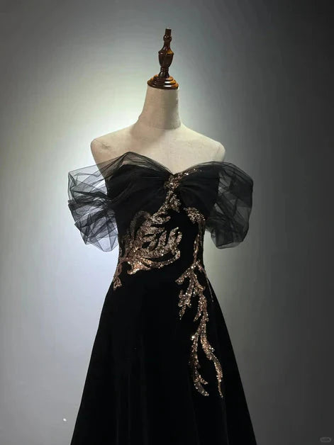 Black A-Line Off Shoulder Tulle Velvet Long Classy Prom Dress,Sequin Classy Evening Dress Secondary image