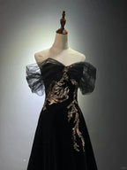 Black A-Line Off Shoulder Tulle Velvet Long Classy Prom Dress,Sequin Classy Evening Dress