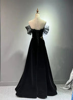 Black A-Line Off Shoulder Tulle Velvet Long Classy Prom Dress,Sequin Classy Evening Dress