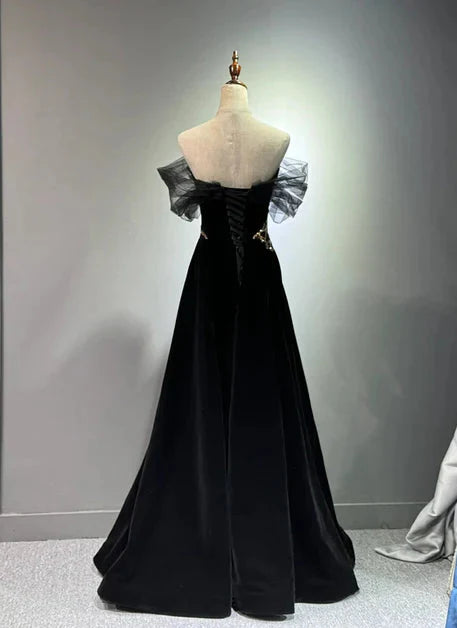Black A-Line Off Shoulder Tulle Velvet Long Classy Prom Dress,Sequin Classy Evening Dress