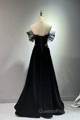 Black A-Line Off Shoulder Tulle Velvet Long Evening Prom Dress,Sequin Formal Evening Dress