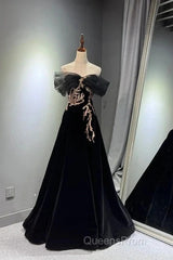Black A-Line Off Shoulder Tulle Velvet Long Evening Prom Dress,Sequin Formal Evening Dress