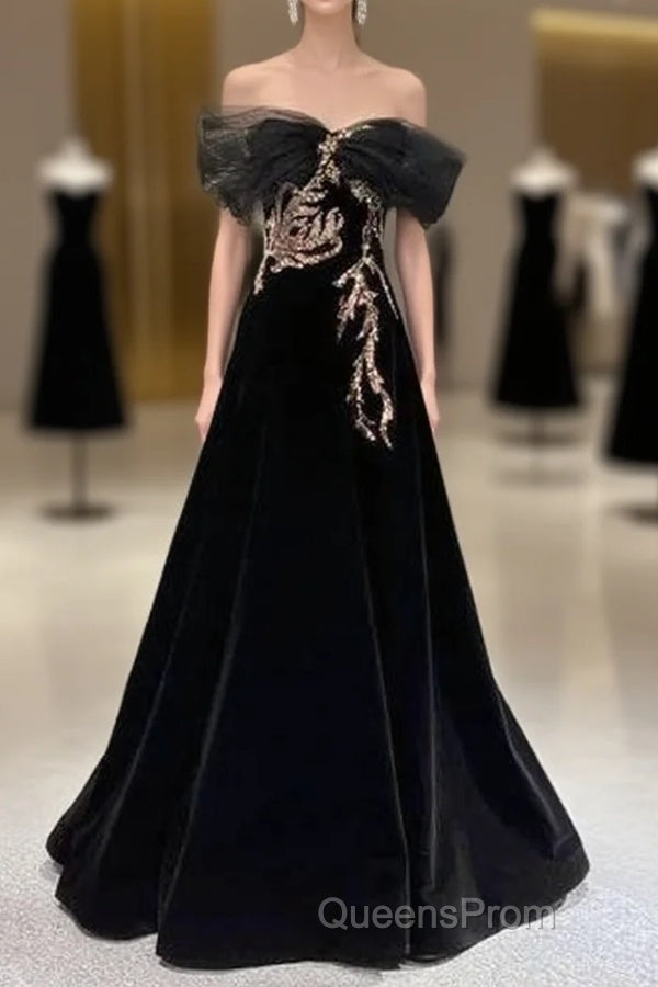 Black A-Line Off Shoulder Tulle Velvet Long Evening Prom Dress,Sequin Formal Evening Dress Main image