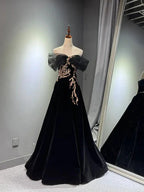 Black A-Line Off Shoulder Tulle Velvet Long Classy Prom Dress,Sequin Classy Evening Dress
