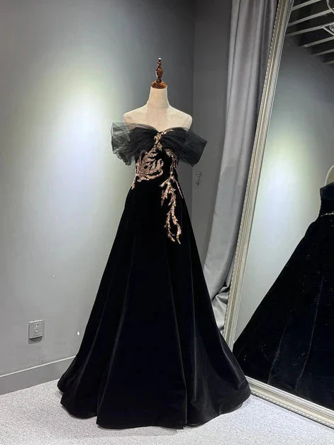 Black A-Line Off Shoulder Tulle Velvet Long Classy Prom Dress,Sequin Classy Evening Dress Main image