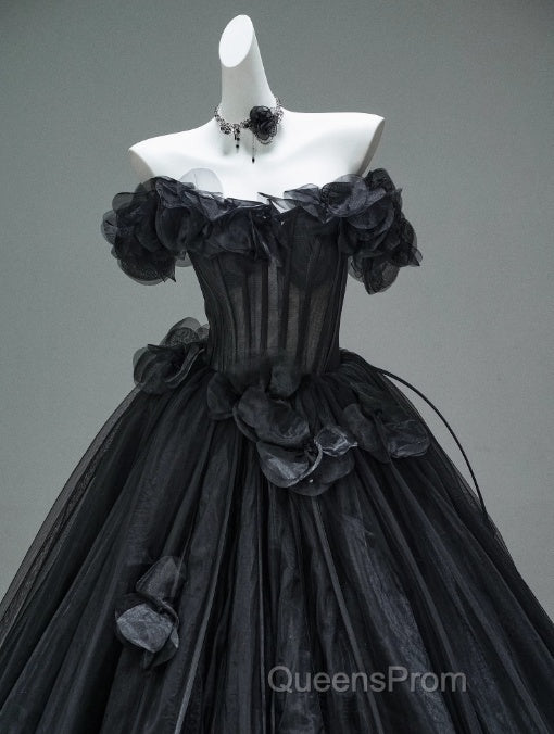 Black A-Line Off-The-Shoulder Tulle 3D Applique Long Evening Prom Dress,Adult Ceremony Graduation Evening Prom Dress Secondary image