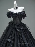 Black A-Line Off-The-Shoulder Tulle 3D Applique Long Evening Prom Dress,Adult Ceremony Graduation Evening Prom Dress