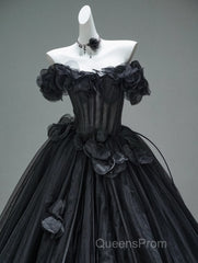 Black A-Line Off-The-Shoulder Tulle 3D Applique Long Evening Prom Dress,Adult Ceremony Graduation Evening Prom Dress