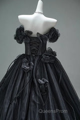 Black A-Line Off-The-Shoulder Tulle 3D Applique Long Evening Prom Dress,Adult Ceremony Graduation Evening Prom Dress